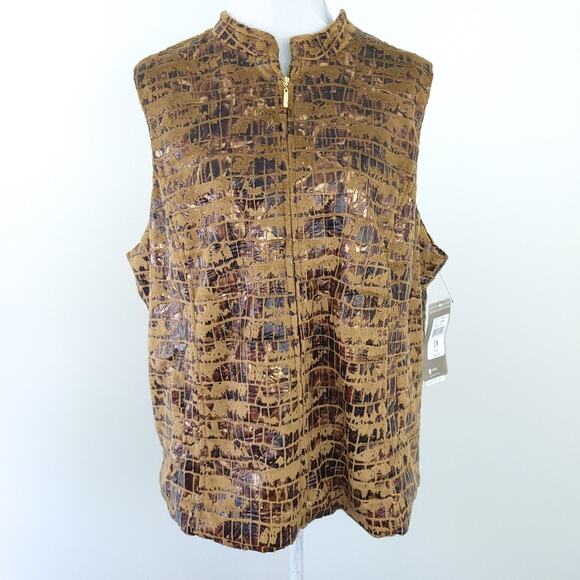 NEW Erin London Foiled Faux Fur Brown Vest Size 1X Zip Up Fall Winter - Picture 1 of 6